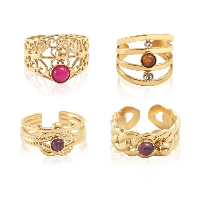 304 Stainless Steel 18K Gold Plated Baroque Style Plating Inlay Solid Color Natural Stone Open Rings