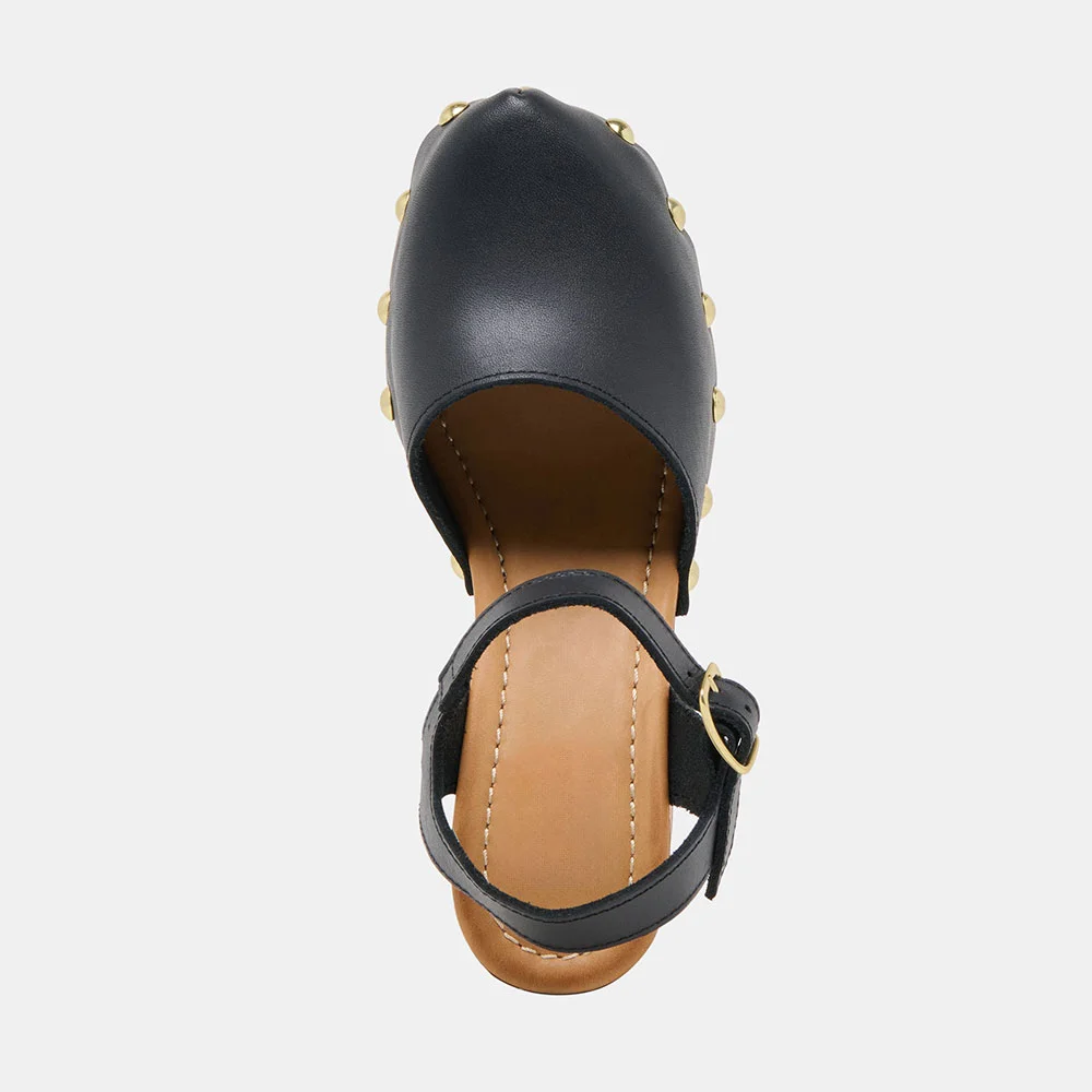 Black Closed Round Toe Buckle Ankle Strap Heeled Sandals with Studded