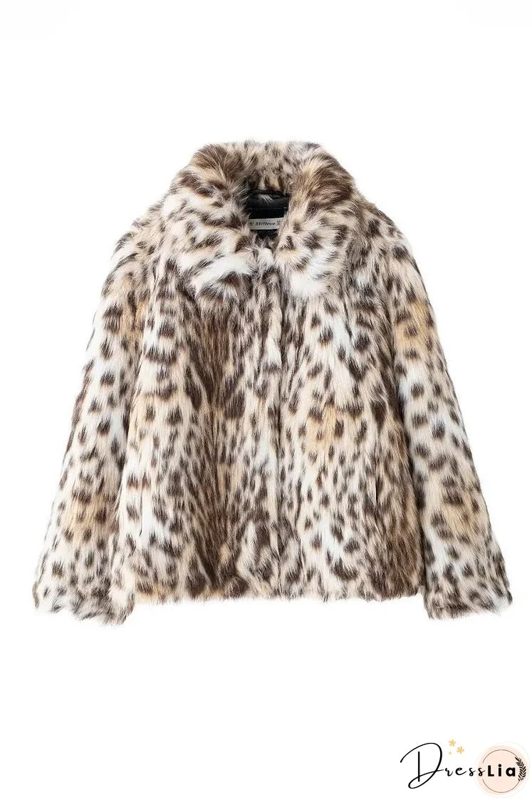 Leopard Print Faux Fur Turndown Collar Fuzzy Coat-Brown