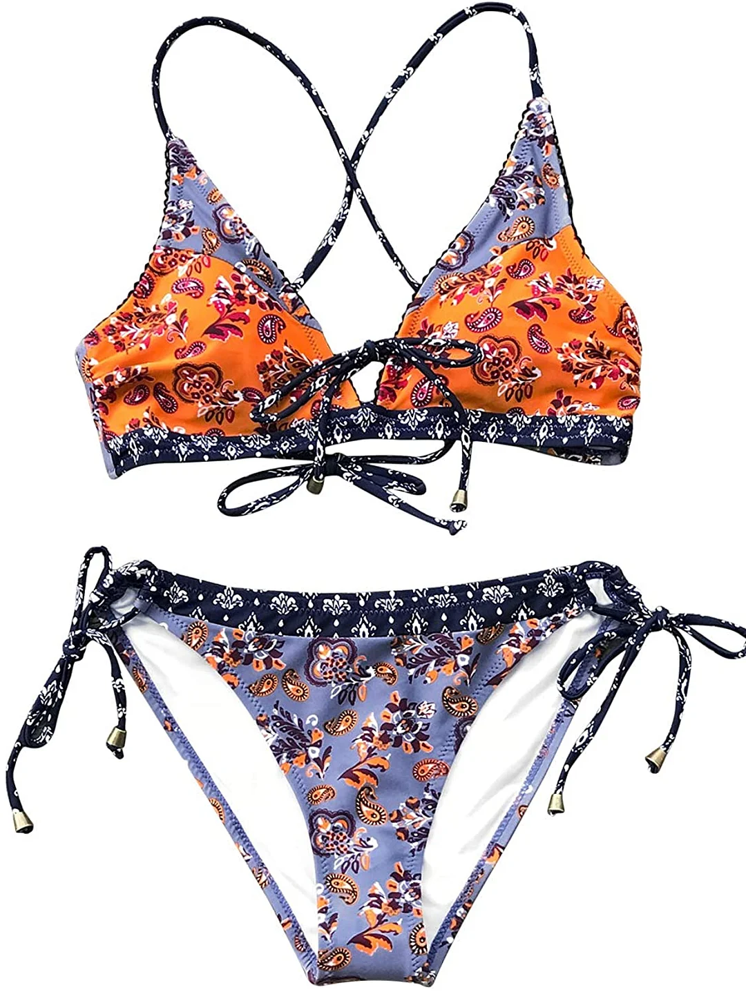 Women’s Paisley Print Bikini Set Back Crisscross Lined Swimsuit (XX-Large Multicolored)