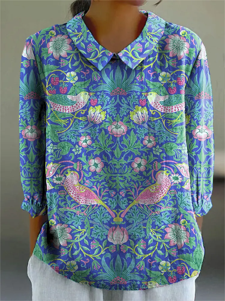 Women's Vintage Bird and Floral Art Print Casual Cotton And Linen 3/4 Sleeve Shirt