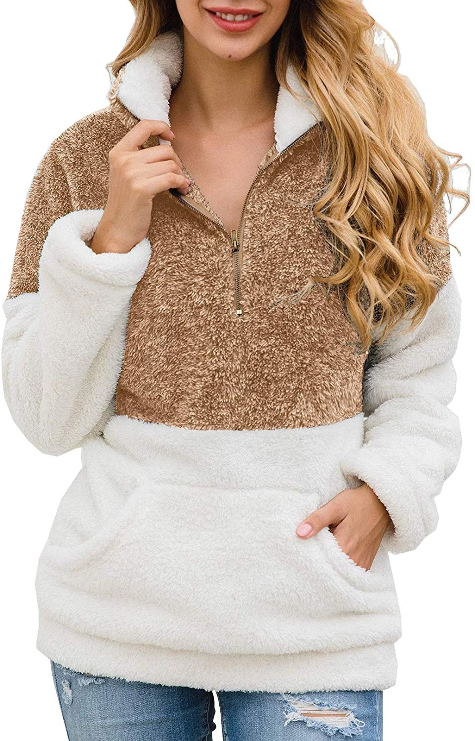 Women Long Sleeve Zipper Sherpa Sweatshirt Soft Fleece Pullover Outwear Coat