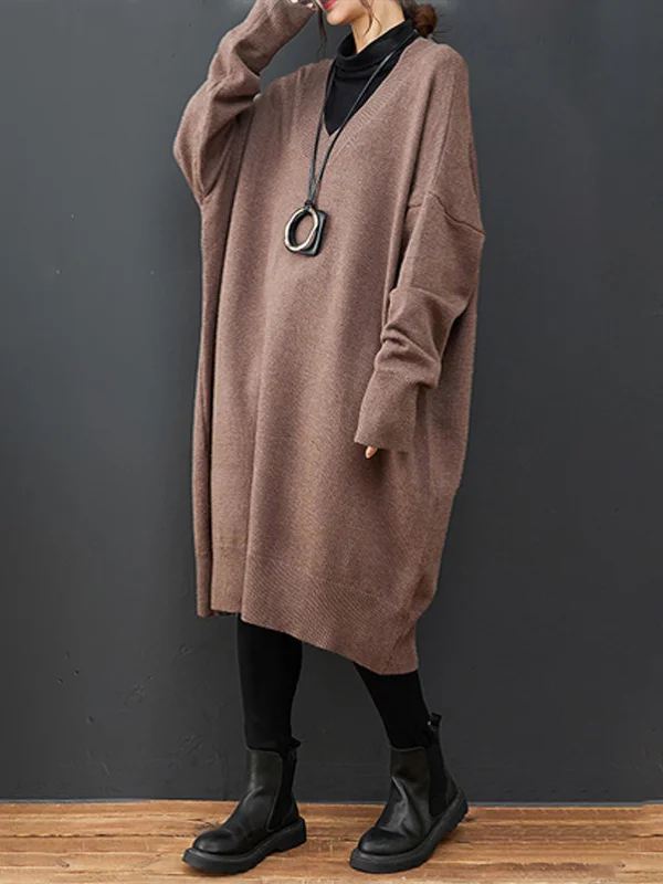 Casual Loose Solid Color V-Neck Long Sleeves Sweater Dress