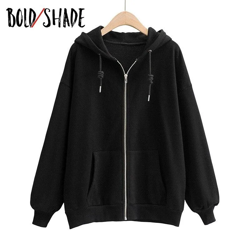 Bold Shade Streetwear 90s Fashion Solid Hoodies Long Sleeve Zip Up Indie Outfits Women Pockets Vintage Oversized Fall Sweatshirt