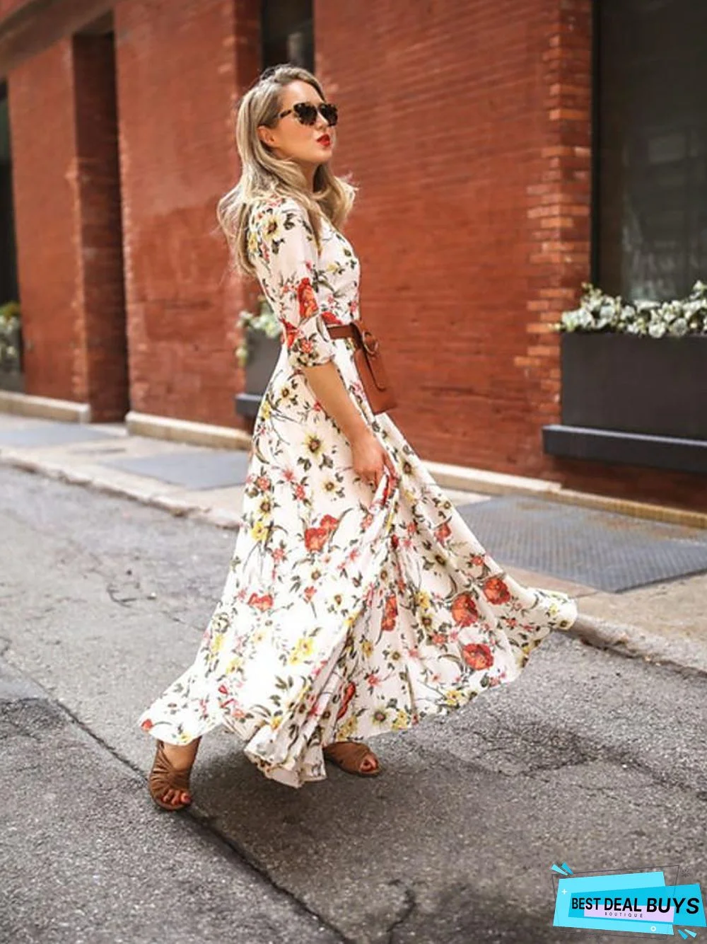 Women's Swing Dress Maxi long Dress - 3/4 Length Sleeve Floral Flower Print Spring Summer Casual Hot Holiday vacation dresses Lantern Sleeve Ruffle White