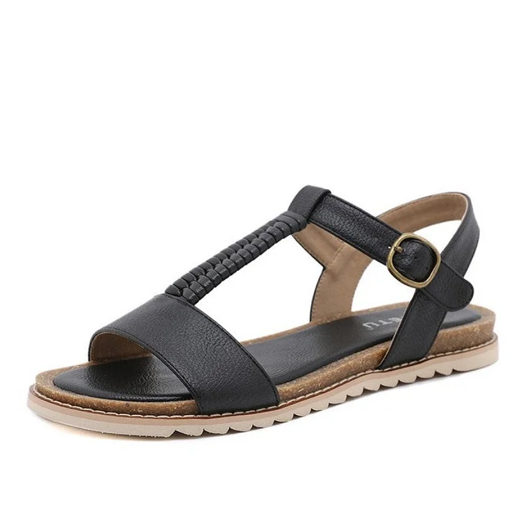 Women Retro Flat Sandals Supportive T-strap Buckle Summer Fashion 2023 Radinnoo.com