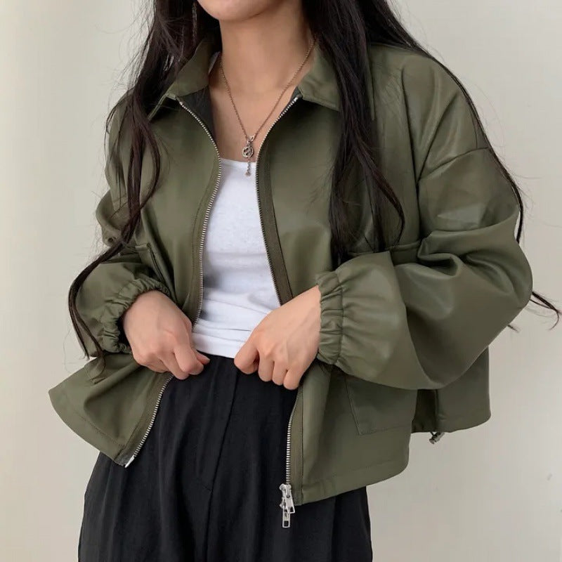 OLCooL 2024 Fall Fashion Pu Leather Big Pocket Zip Up Oversized Jacket olcool