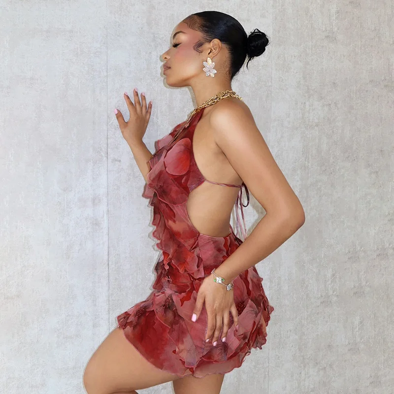 Women Sexy Halter Backless Body-Shaping Vacation Floral Printing Ruffles Mini Dress