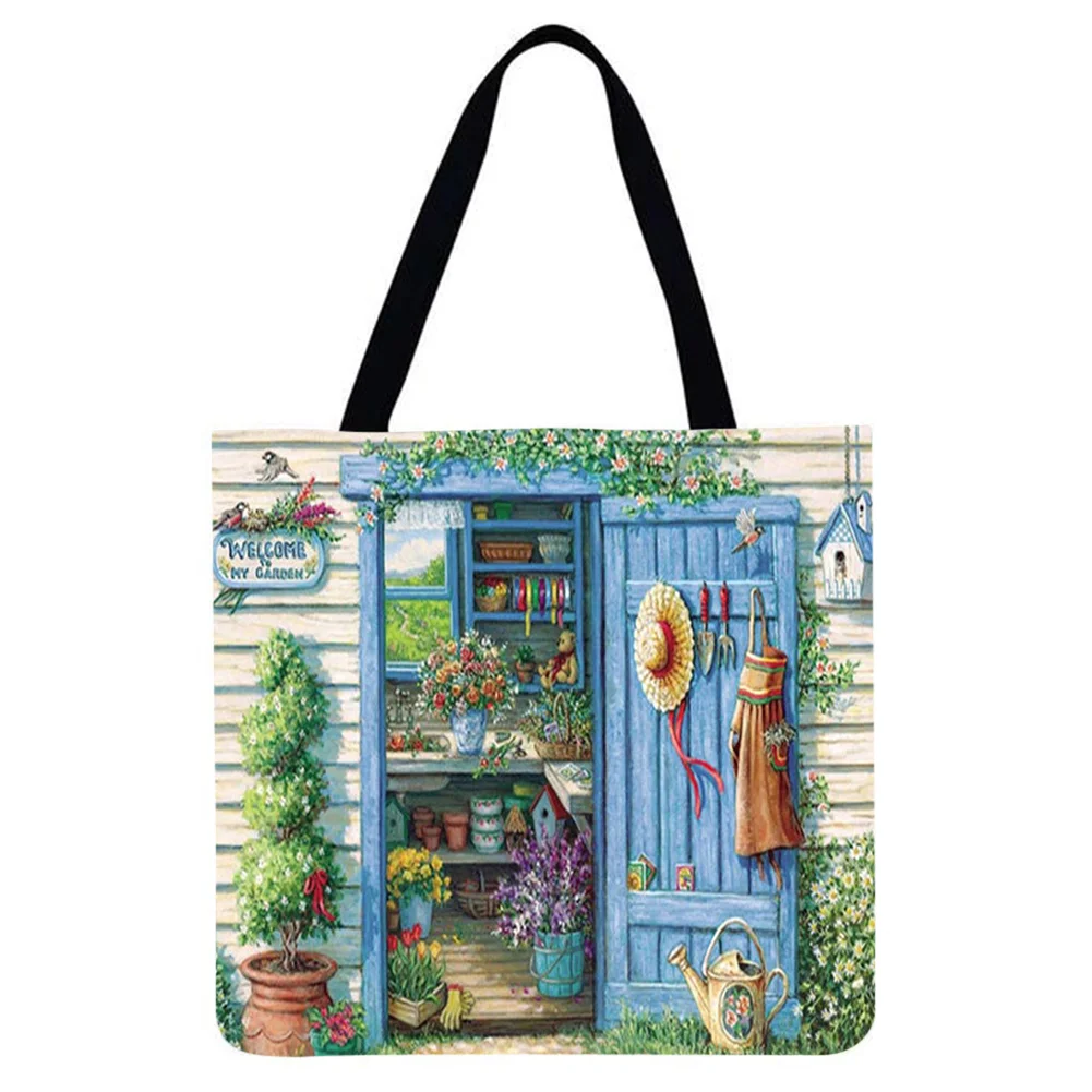 Linen Tote Bag-Flower house