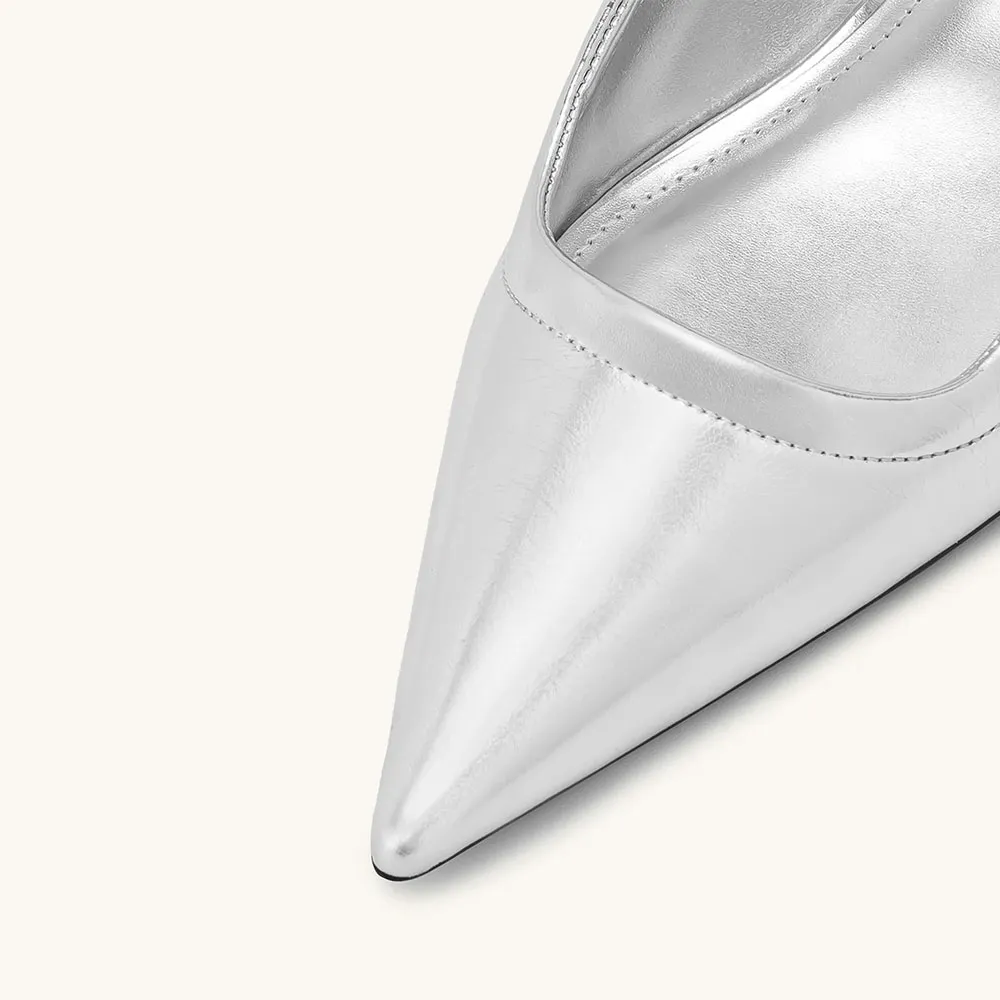 Chic Silver Metallic Cylinder Heel Slip On Metal Strap Pointy Toe Mules