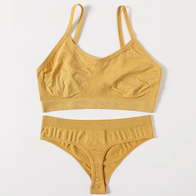 2PCS Women Bra Set Seamless Underwear Sexy Female Bralette Top Backless Bra Thong Panties No-Wired Brassiere Home Lingerie Set