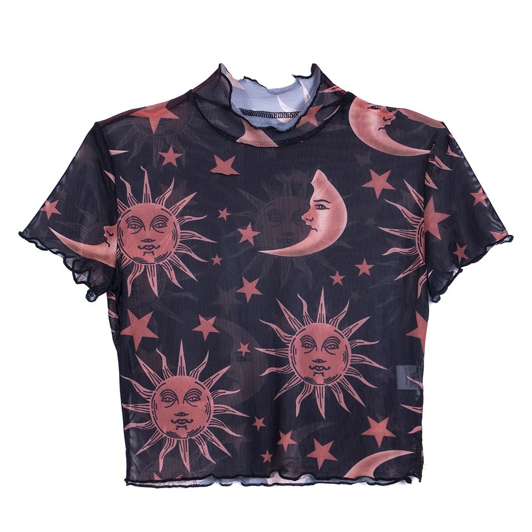 Mesh Sheer T-shirt See-through Moon Stars Print Tee Tops Summer Fashion Ruffles Short Sleeve Women Crop Top Hot Sale