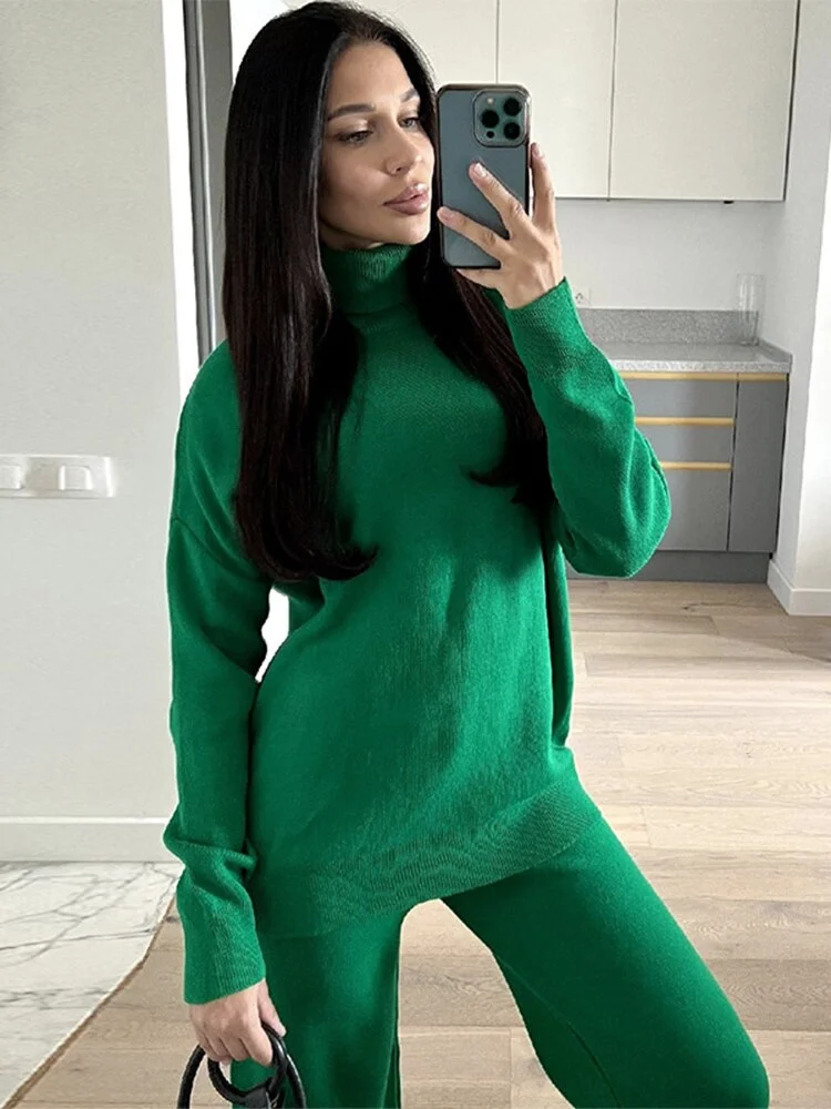 Colourp Women Solid Knitted Sweater Suit Casual Loose Long Sleeve Turtleneck Pullover&straight Pants 2022 Autumn Winter Warm 2 Piece Set