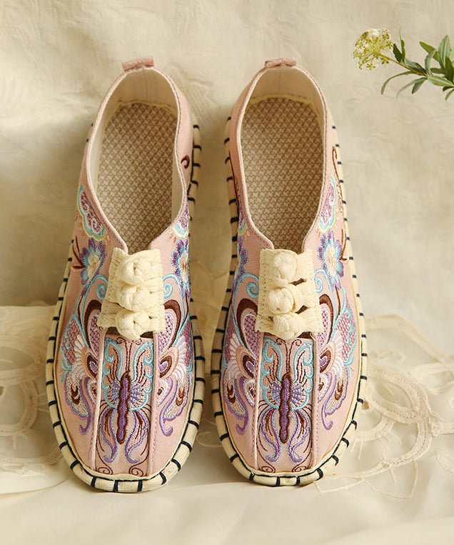 Comfy Flats Embroideried Buckle Strap Pink Linen Fabric Flat Shoes For Women CK1145- Fabulory