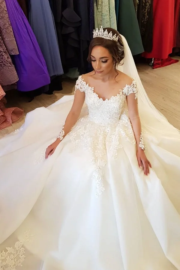 A-Line Off-the-shoulder Long Sleeves Wedding Dress With Appliques