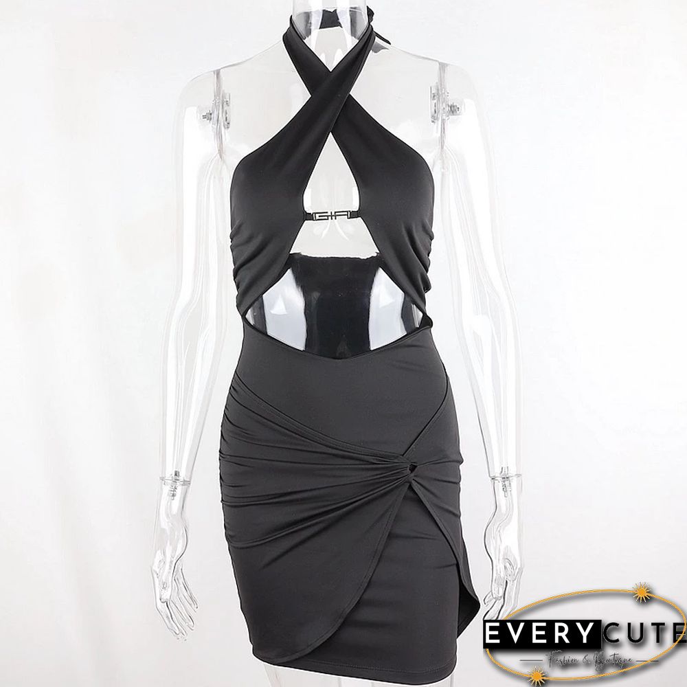 Sexy Backless Halter Sexy Cut-Out Women Mini Dresses Bodycon Club Fashion Sleeveless Black Dress Holiday Clothes