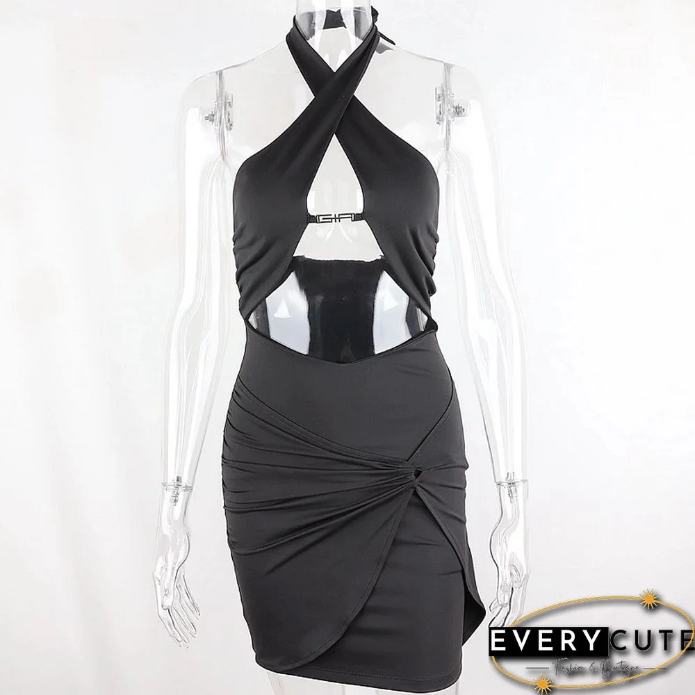 Sexy Backless Halter Sexy Cut-Out Women Mini Dresses Bodycon Club Fashion Sleeveless Black Dress Holiday Clothes
