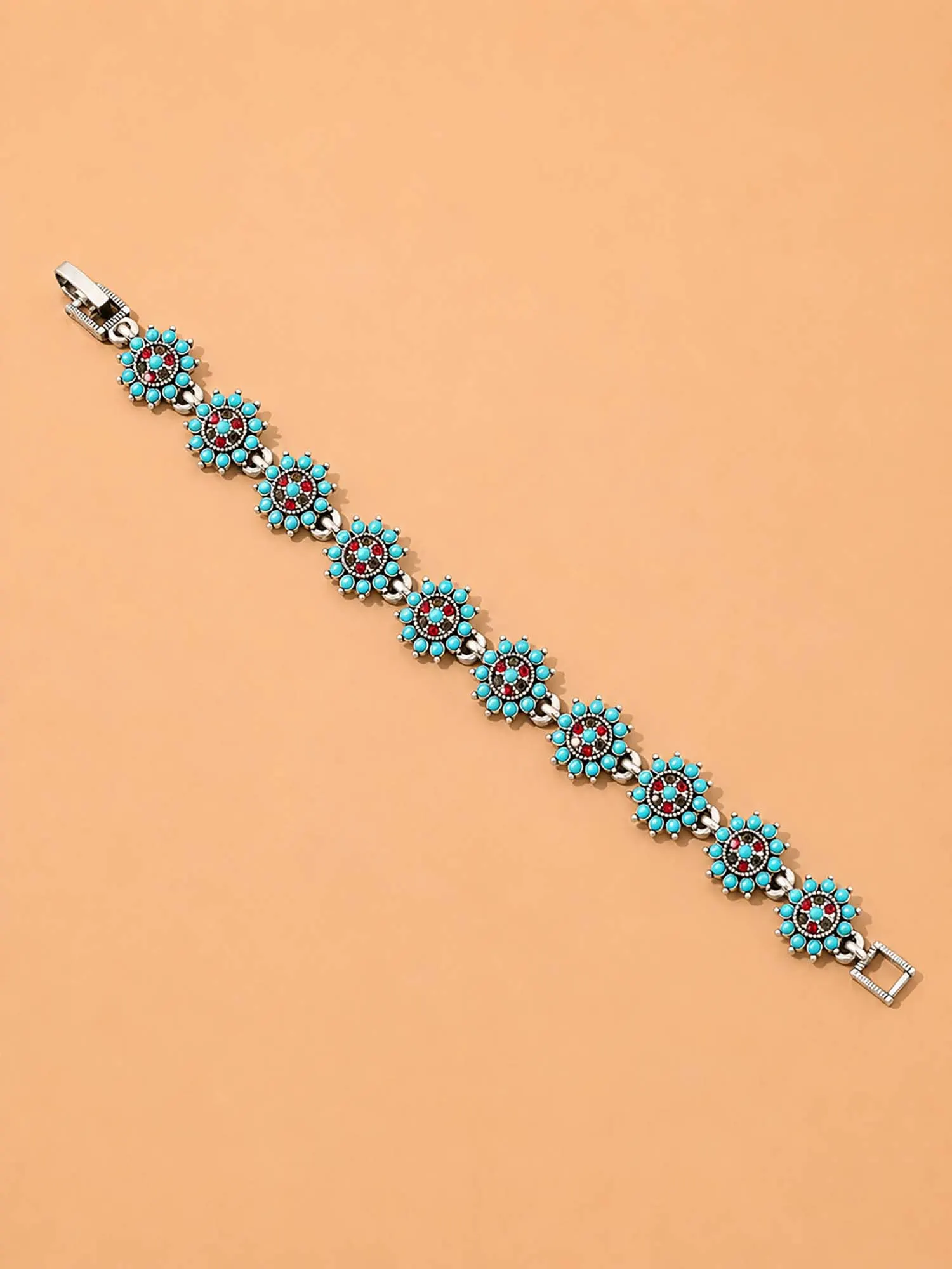 Vintage Southwestern Turquoise Oval Link Bracelet | Ethnic Boho Oval Stone Chain Bracelet