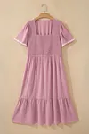 Women's Pink Elegant Plus Size Short Sleeve Smocked High Waist Flowy Midi Dress