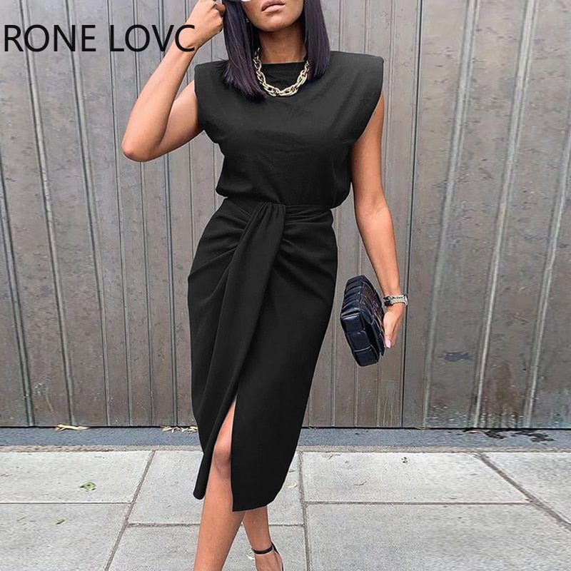 Women Sold Sleeveless Top & Slit Twisted Midi Skirt Set Elegant Fashion Chic Dress 515-1