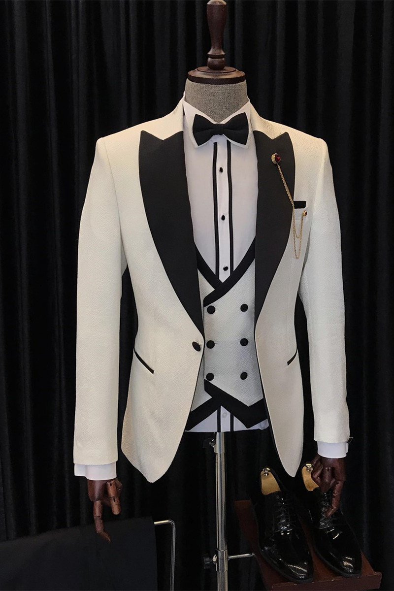 Bellasprom White Three Pieces Wedding Men suits With Black Peaked Lapel Bellasprom