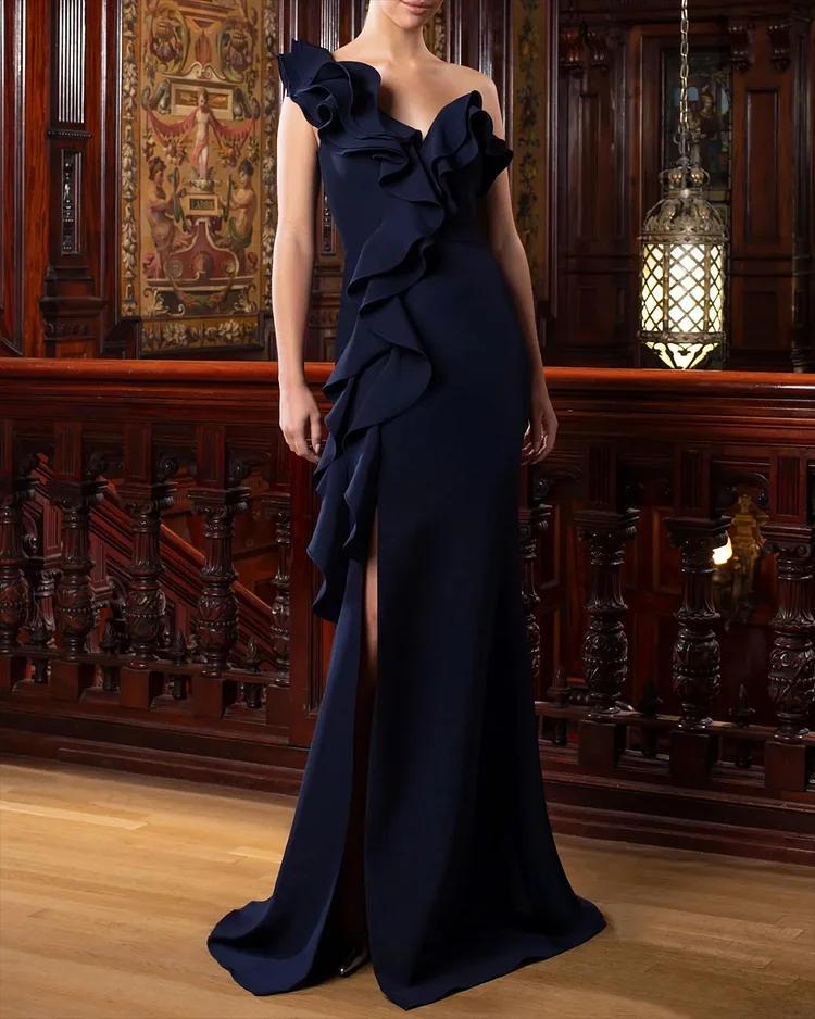 Elegant One Shoulder Ruffle Dress Gown