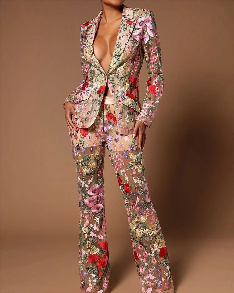 Romantic Floral Embroidered Blazer and Pants Two-Piece Set