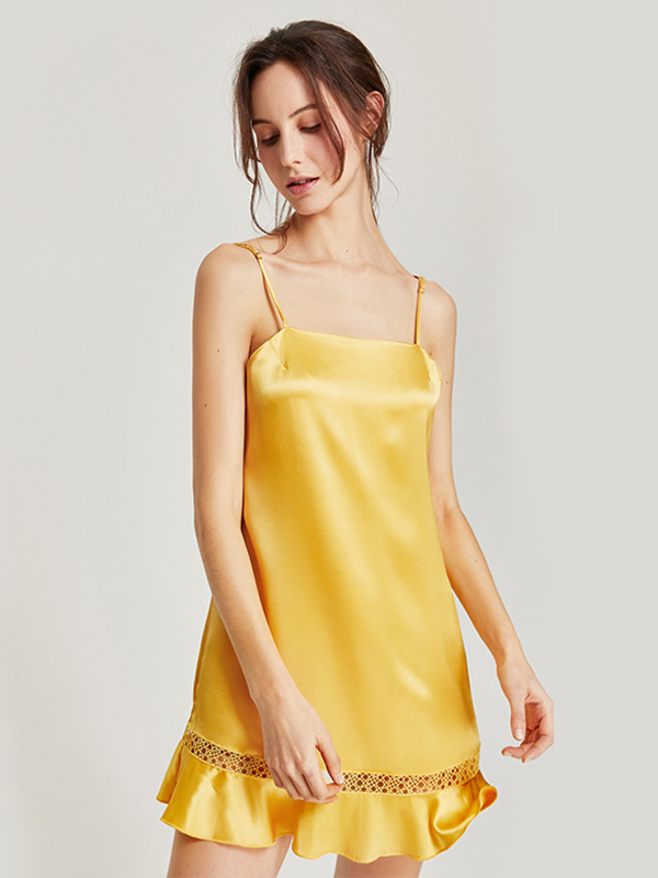 Yellow Horizontal Neck Silk Nightgown REAL SILK LIFE