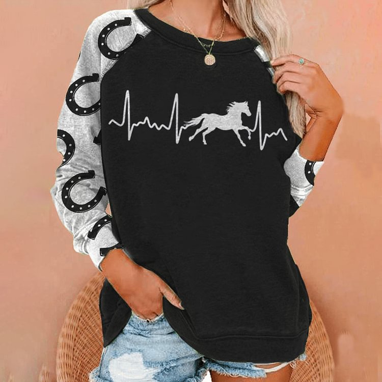 Vefave Horse Stitched Horseshoe Print Sweatshirt
