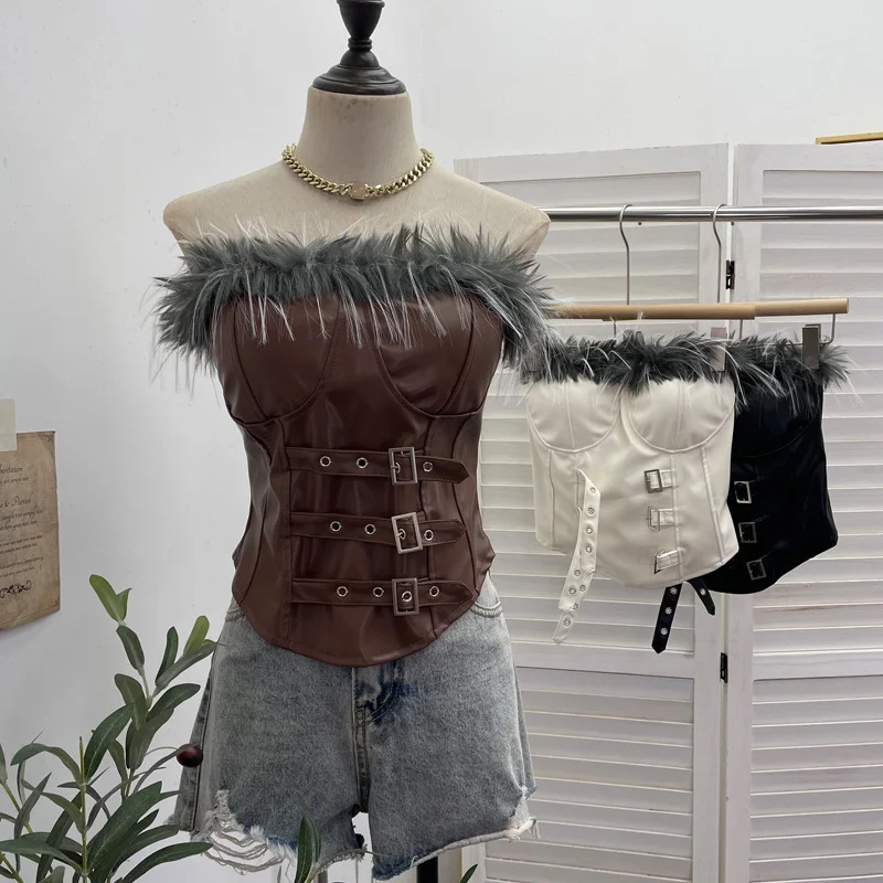 Nigikala Nigikala Shooting Retro Pu Skin Spliced Hair Bra Bra Strap Chest Punk Hottie Skin Buckle Waist Short Top 2781