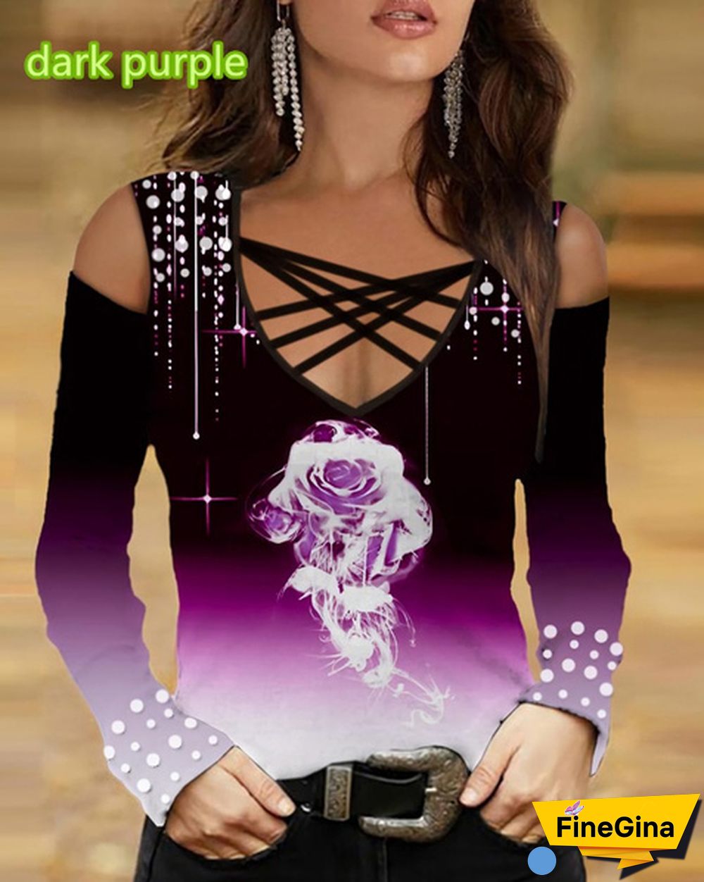 Women's T-shirt Spring and Summer New Fashion Women's Strapless Long Sleeve Flower Printed Slim Strap Cross Neck V-neck T-shirt Soft and Comfortable Thin Top XS-5XL