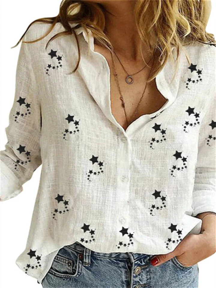 New Small Star Cotton Linen Printing Single-breasted Lapel Shirt Loose Type Set Head Long-sleeved Temperament Commuter Women's Clothing-Cosfine