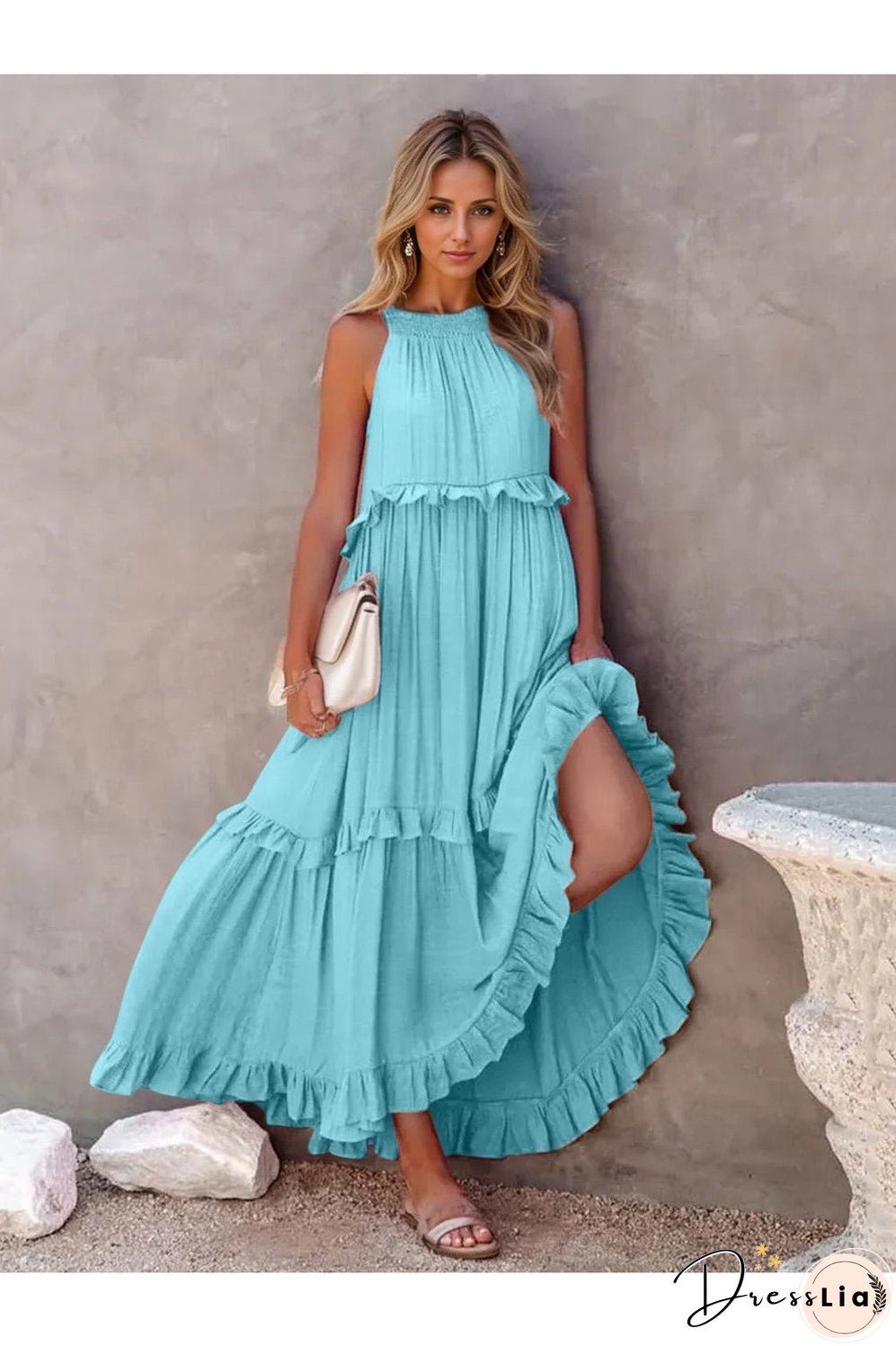 Ruffled Sleeveless Tiered Maxi Dress with Pockets