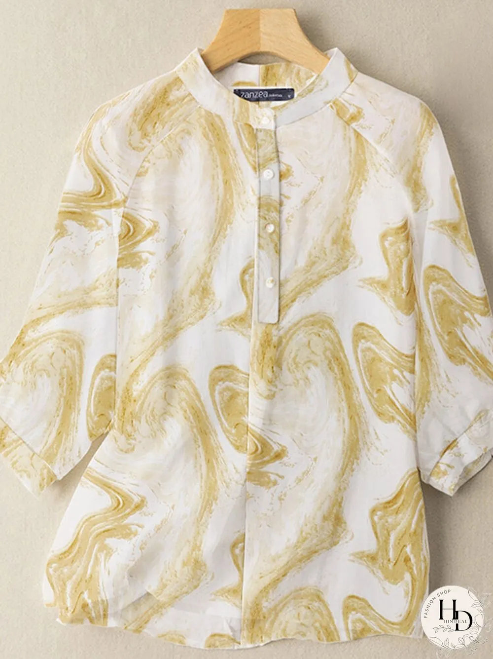 Wave Pattern Button Stand Collar Casual Blouse