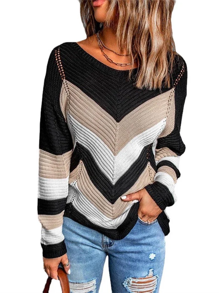 Women Long Sleeve Scoop Neck Striped Colorblock Sweaters Top