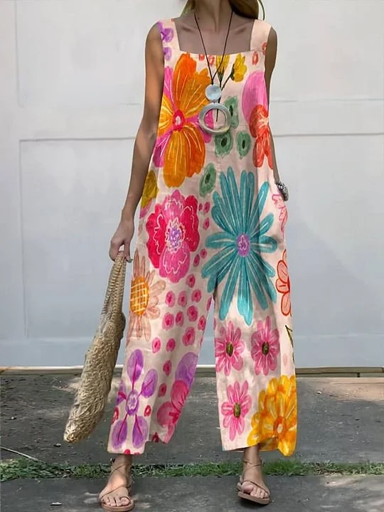 Women's Vintage Flower Art Print Casual 100% Cotton Wide Leg Jumpsuit