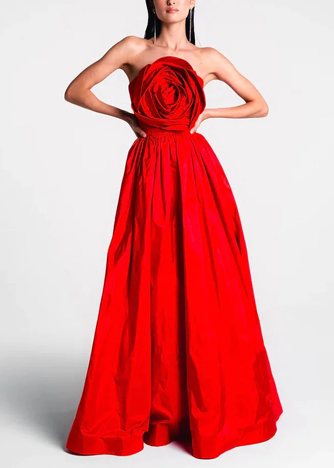 Unique Red Cold Shoulder Floral Cotton Party Dresses Sleeveless