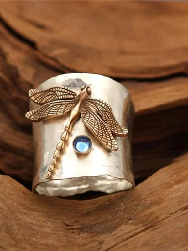 Women's Vintage Dragonfly Natural Gem Moonstone Ring-Mayoulove