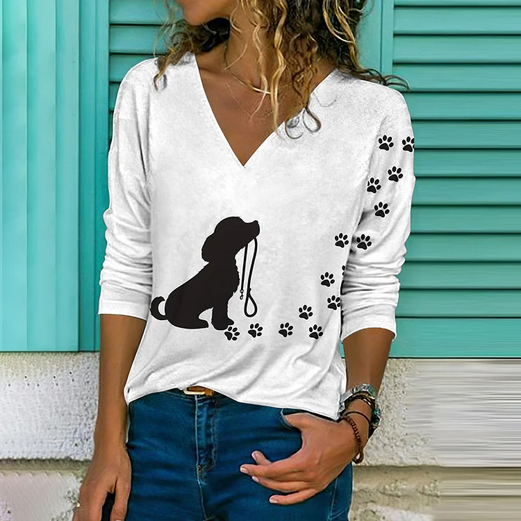 Dog Print V-Neck Long Sleeve T-Shirt