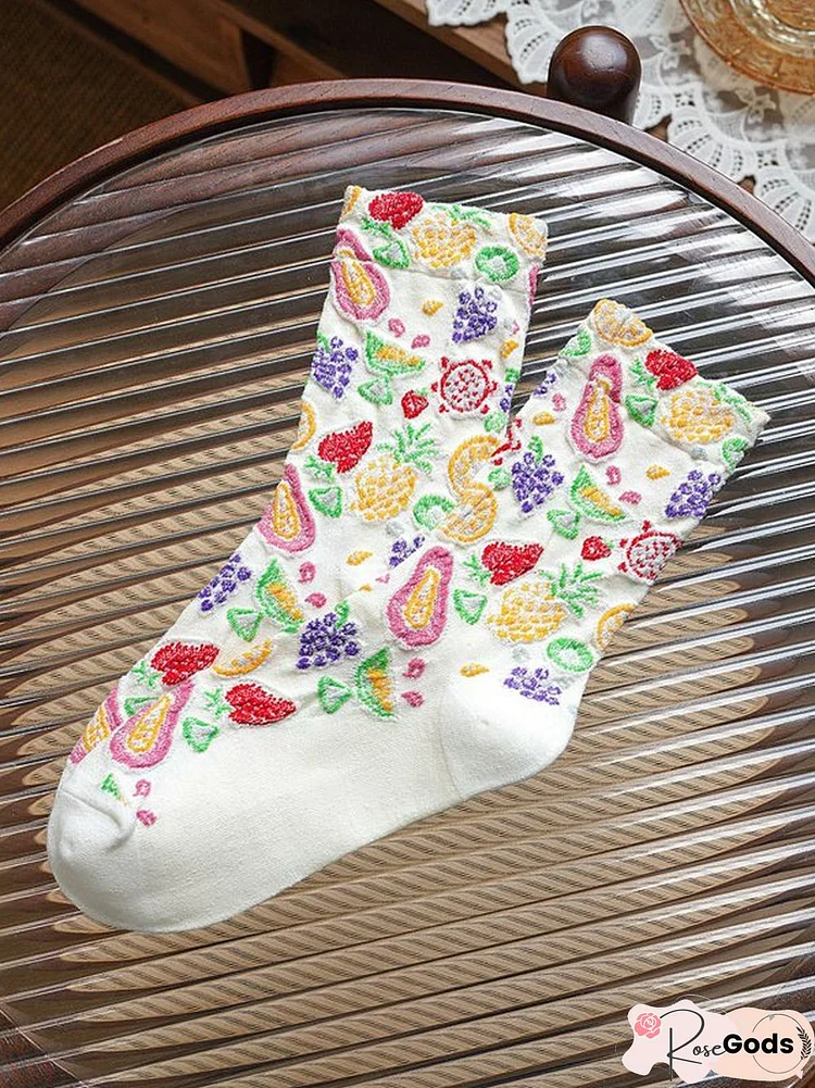 Casual Cotton Fruit Floral Pattern Embroidered Socks Everyday Sympathy Versatile Accessories