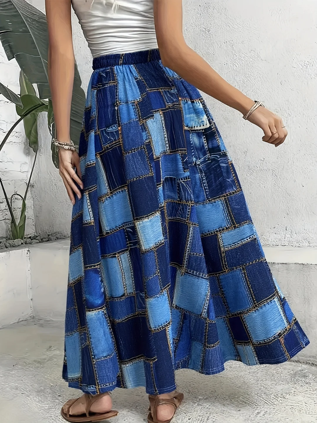 Plus Size, Women's Plus Size Casual Imitation Denim Patchwork Print Skirt - Asymmetrical Hem, Stretch Fabric, Straight Cut, Machine Washable, Spring Summer Fall Outfits, Denim Skirt, Seasonal Wardrobe Staple, Trendy Fashion, Comfortable Material | IFYHOME