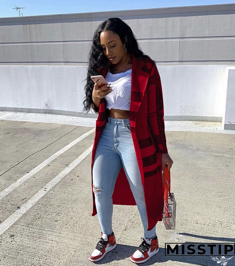 Women's Plaid Print Long-sleeved Lapel Long Coat