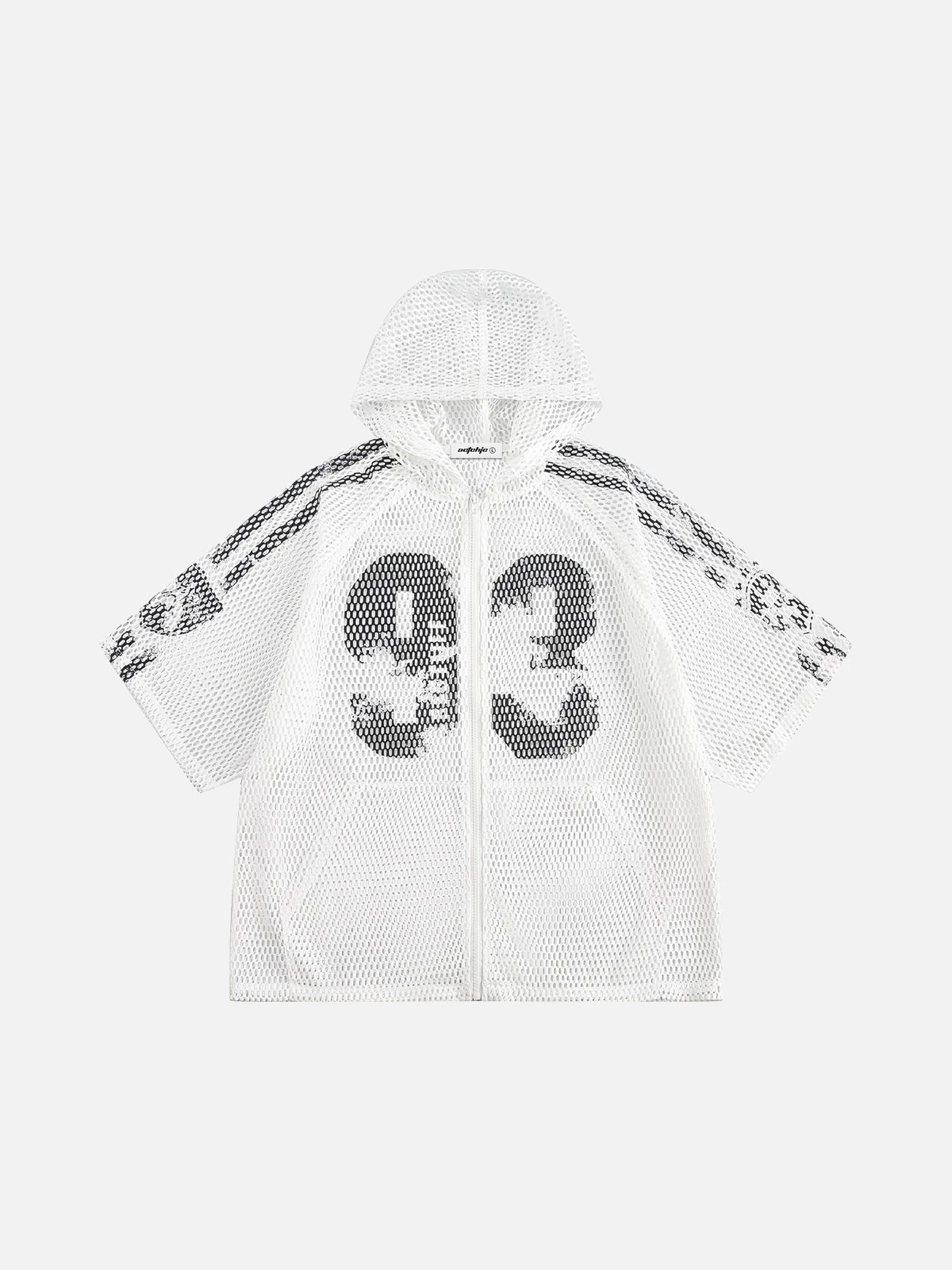 White Cut-Out Hooded Zip Up Short Sleeve Shirt Front