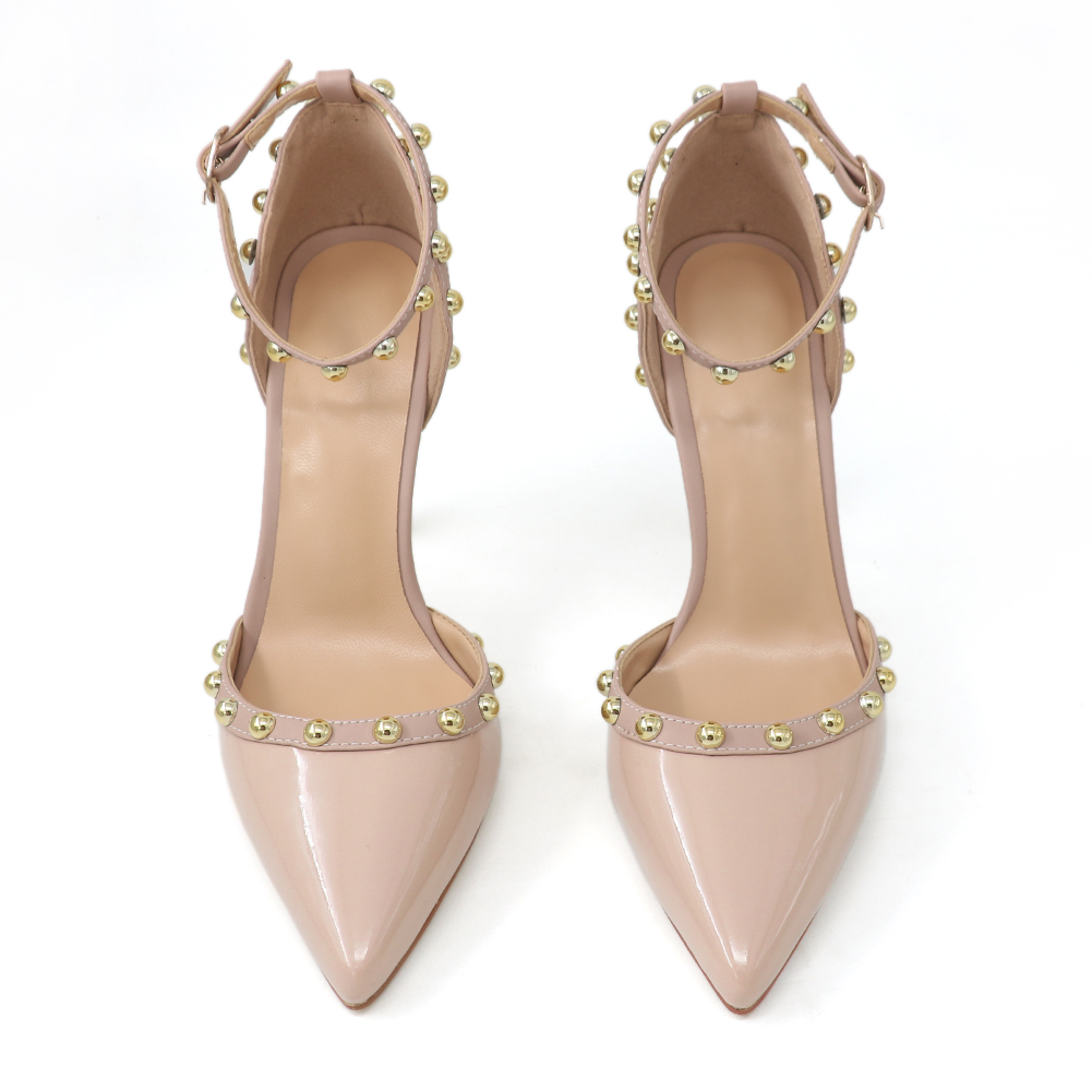 100mm Womens Pointed Toe Pumps Golden Round Rivets Ankle Nude Strap Sandals-vocosishoes