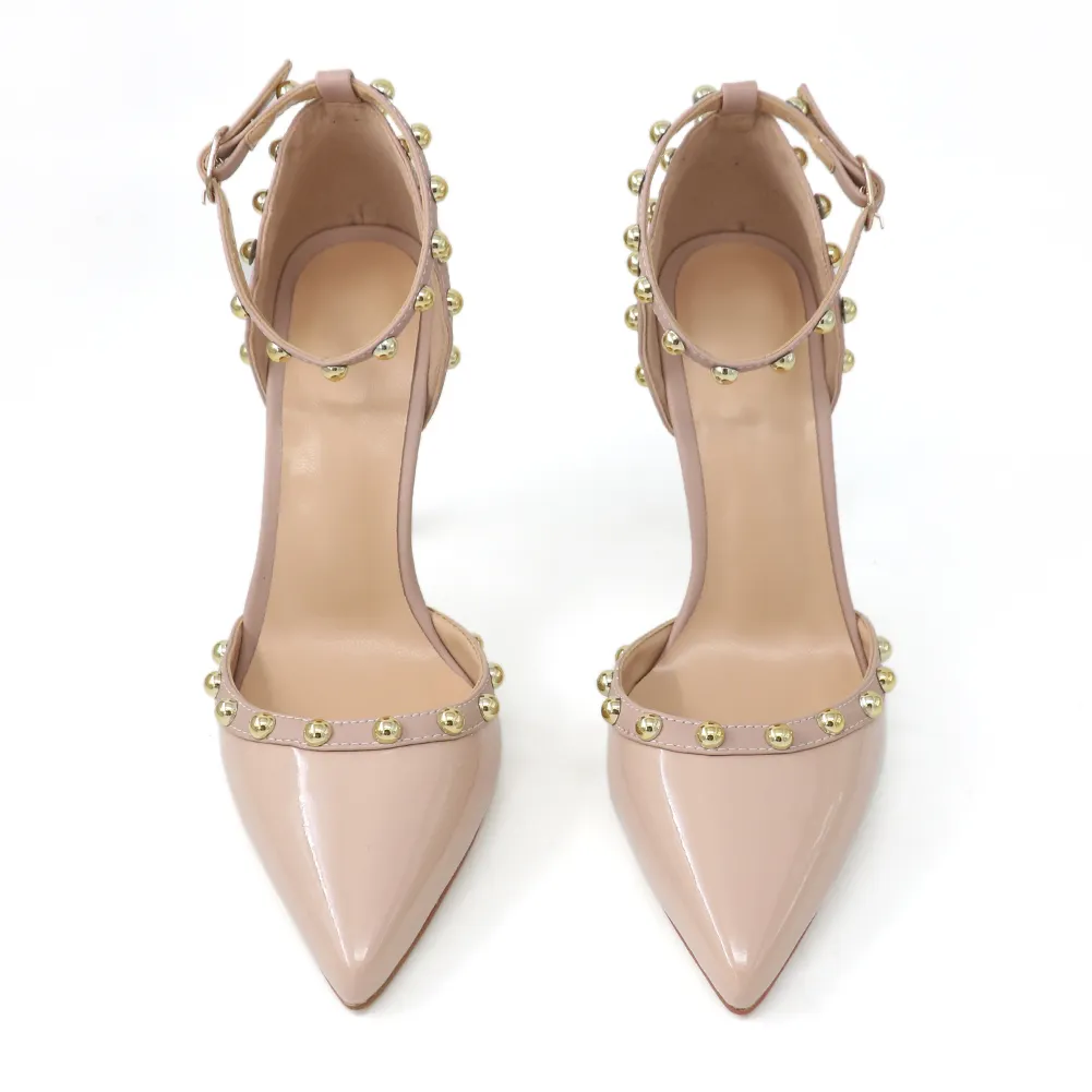 100mm Womens Pointed Toe Pumps Golden Round Rivets Ankle Nude Strap Sandals-vocosishoes