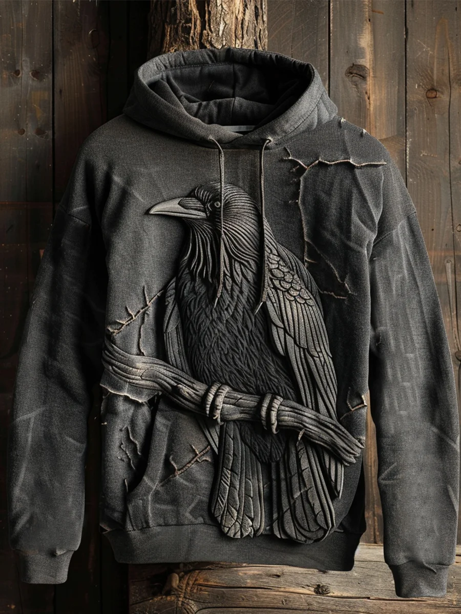 Dark Crow Print Hoodie On Branches