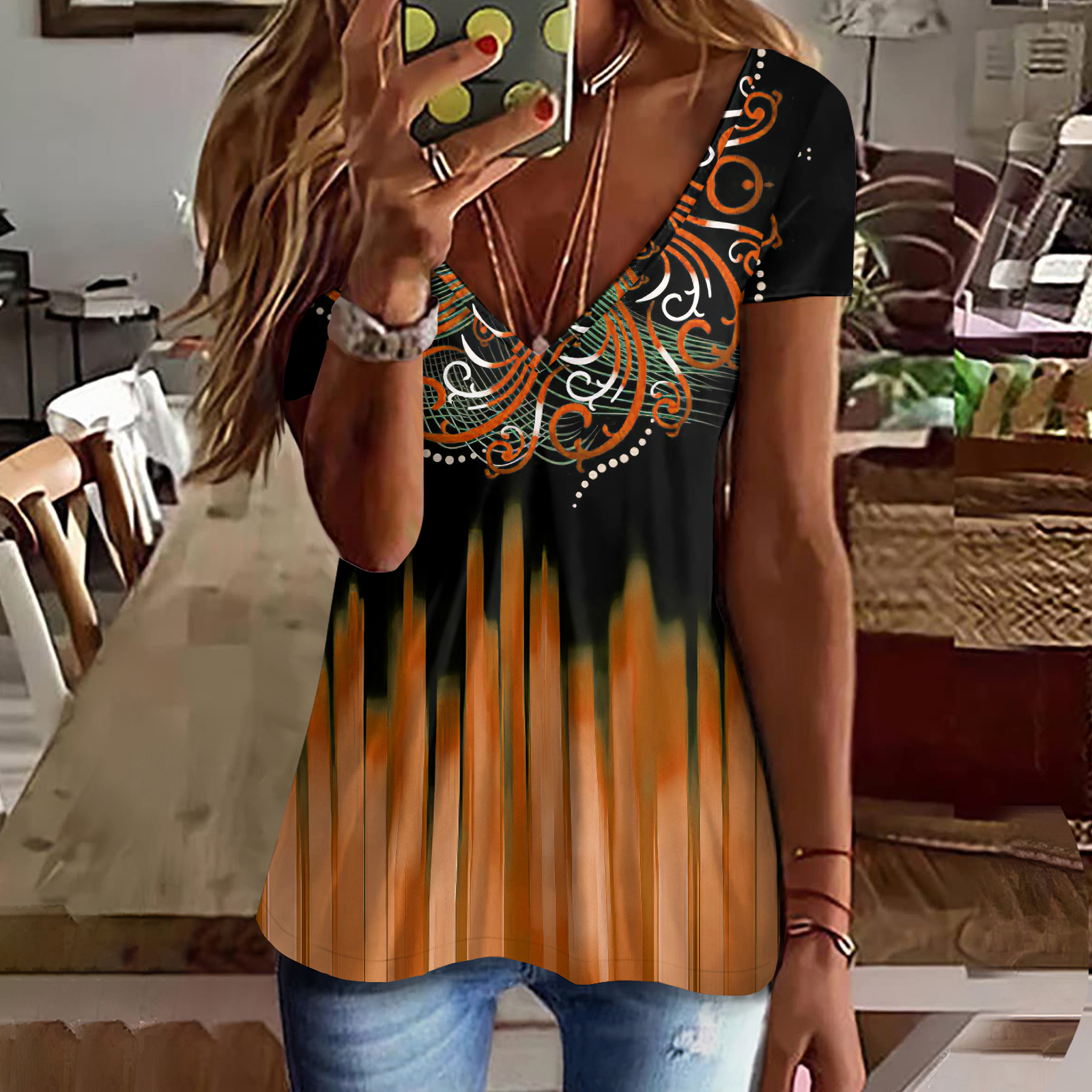  Printed V-Neck Short Sleeved T-Shirt Westsshops