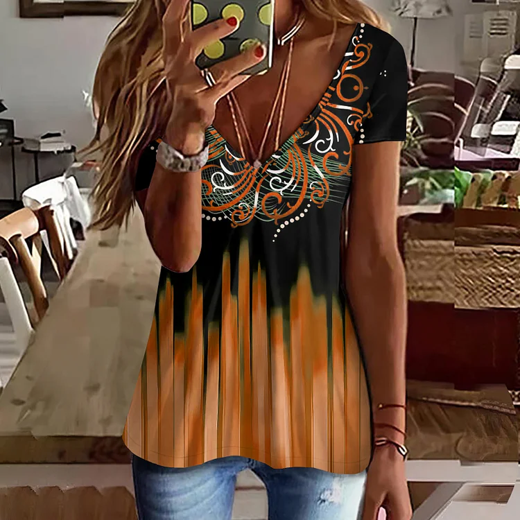 Printed V-Neck Short Sleeved T-Shirt