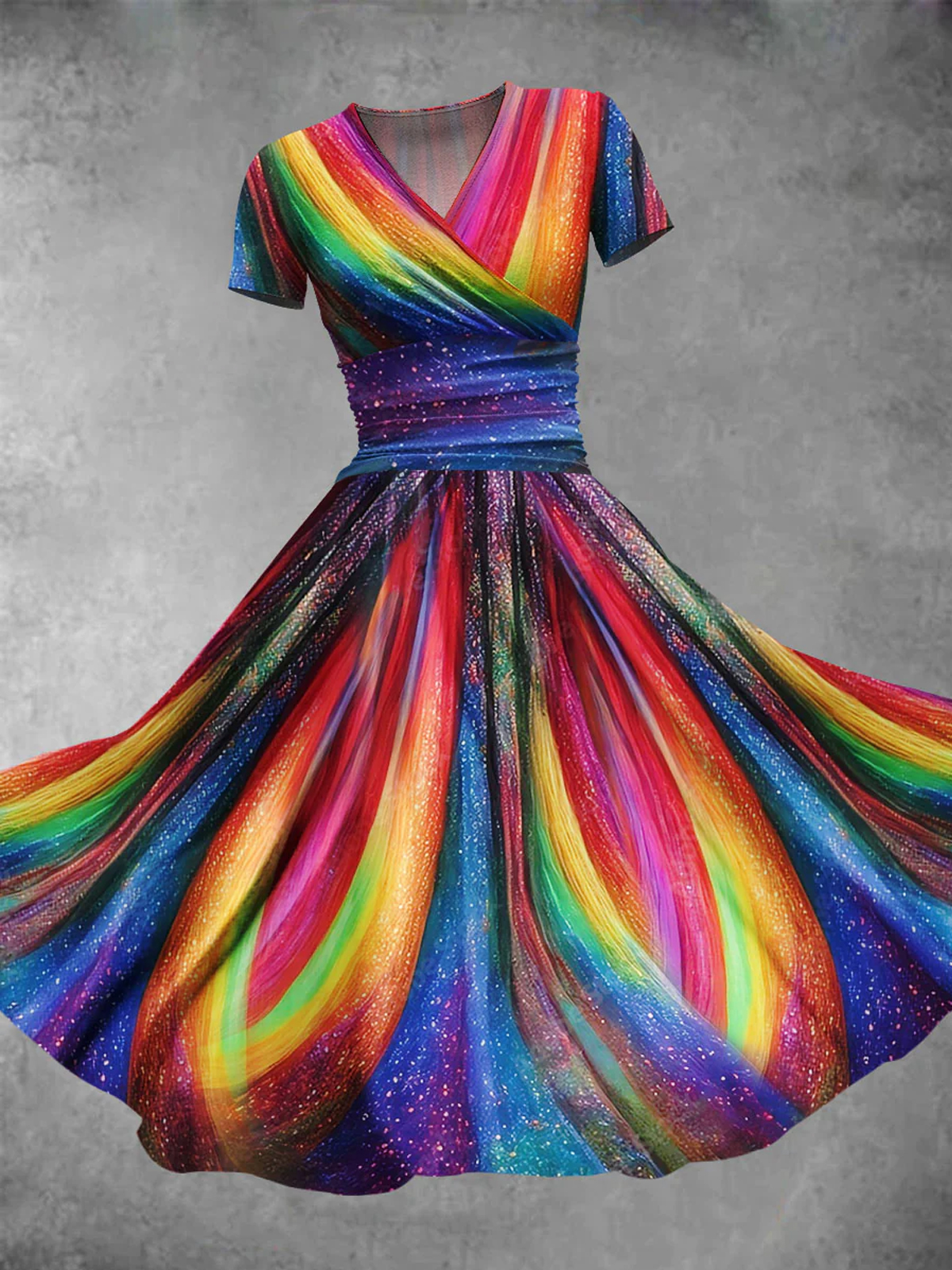 Elegant Rainbow Sequins Print V-Neck 50s Vintage Short Sleeve Midi Dress T-Shirts& Hoodies,Custom Designs,Diverse Colors,Best Prices