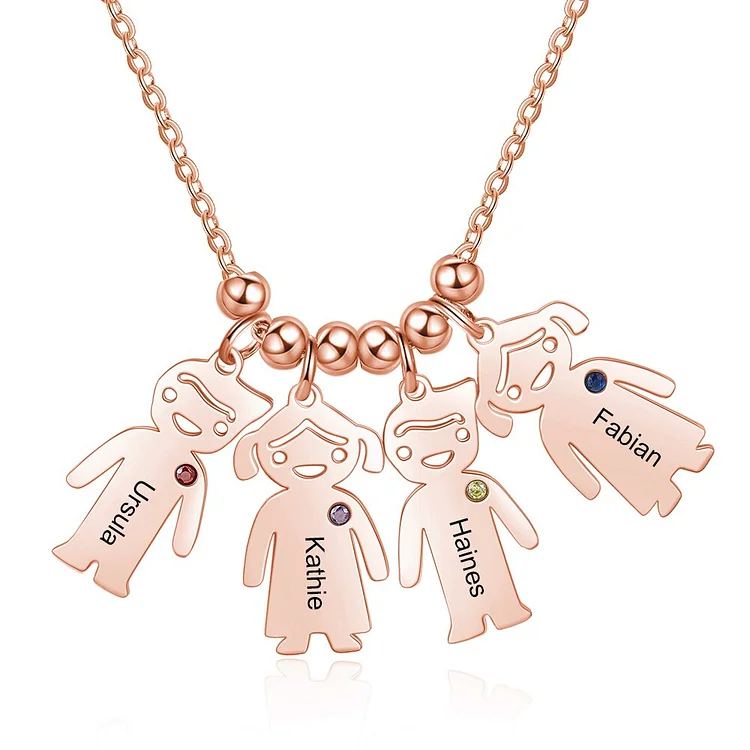 To My Dearest Mom Kid Charm Necklace Personalized 4 Names and Birthstones "You Mean The World to Me"